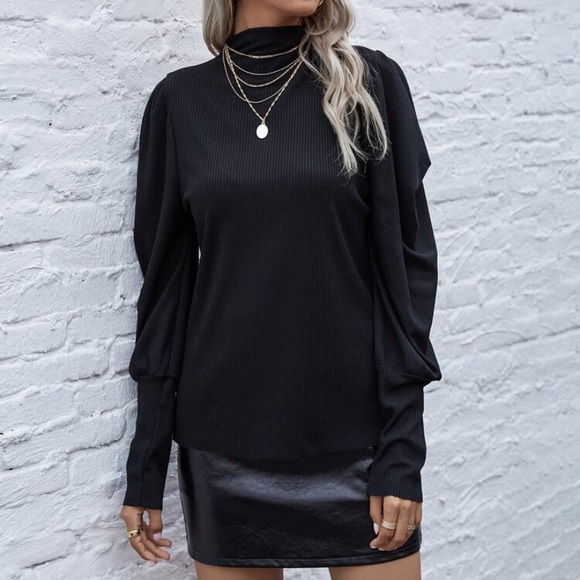 CLEARANCE Black Puffed Sleeve Mock Neck Ribbed Blouse - Picture 3 of 4